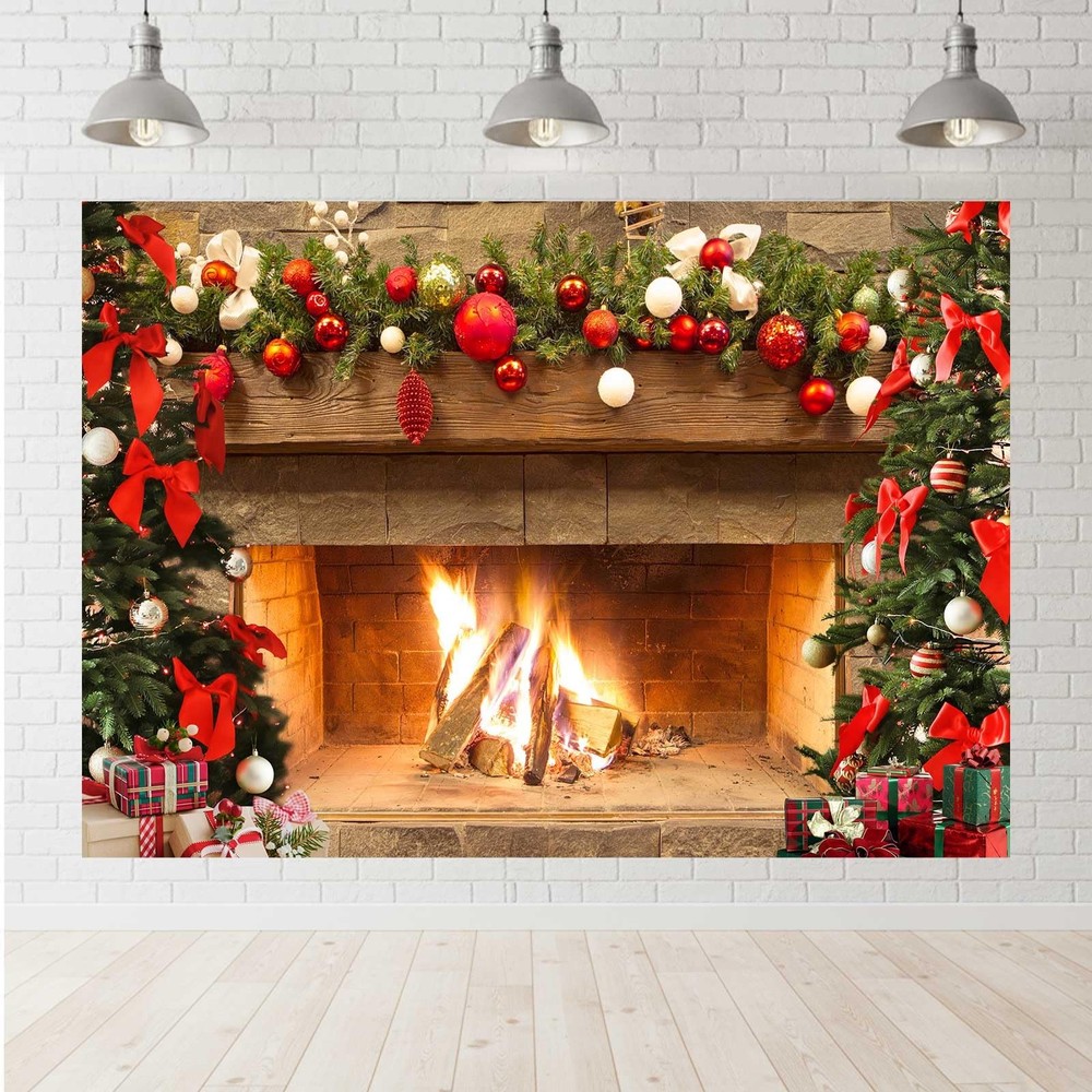 Lofaris Christmas Fireplace Backdrop Winter Xmas Tree Colorful 5x3ft, Gold