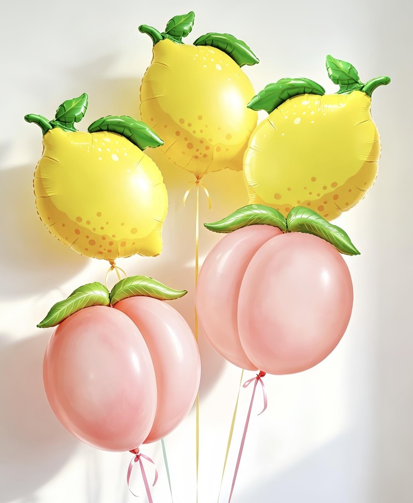 5Pcs Yellow Pink Lemon & Peach Balloons with Leaves/Lemon Party Decor for Lem…