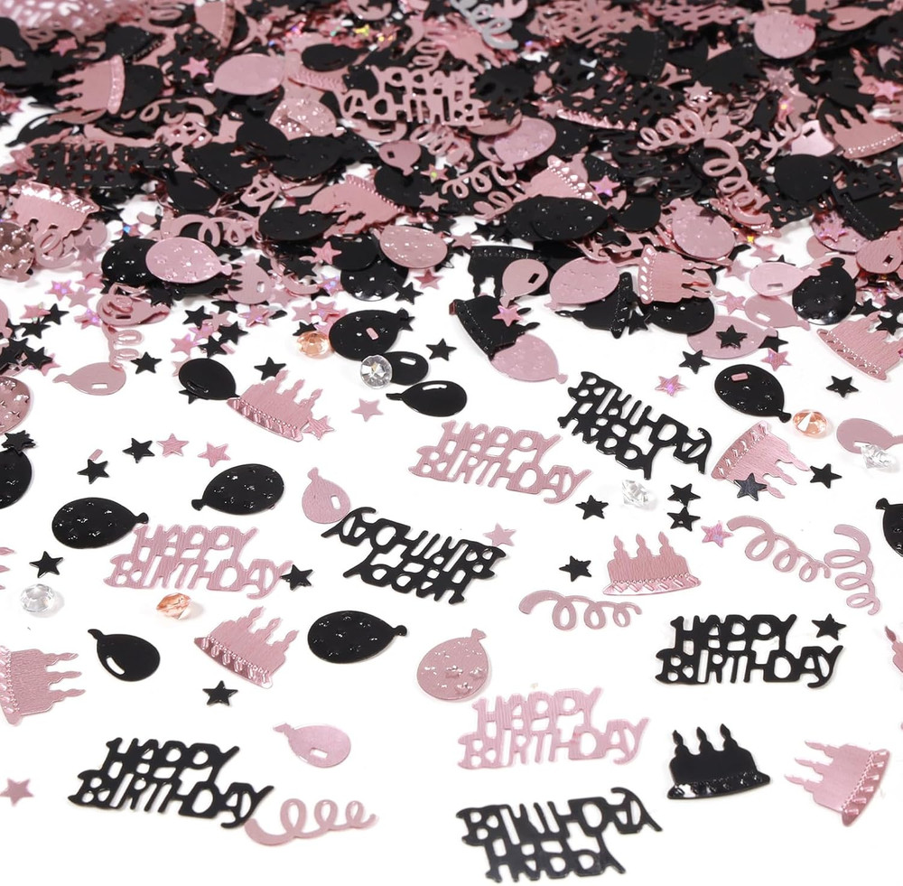 Rose Gold and Black Happy Birthday Confetti, 3000 Pcs Birthday Cake Table Metall