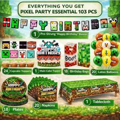 Pixel Birthday Party Decorations, Party Supplies Set Including Banner Tableware