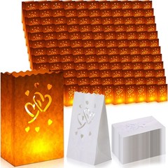 100 PCS Flame Resistant White Paper Luminary Candle Lantern Bags Heart Set