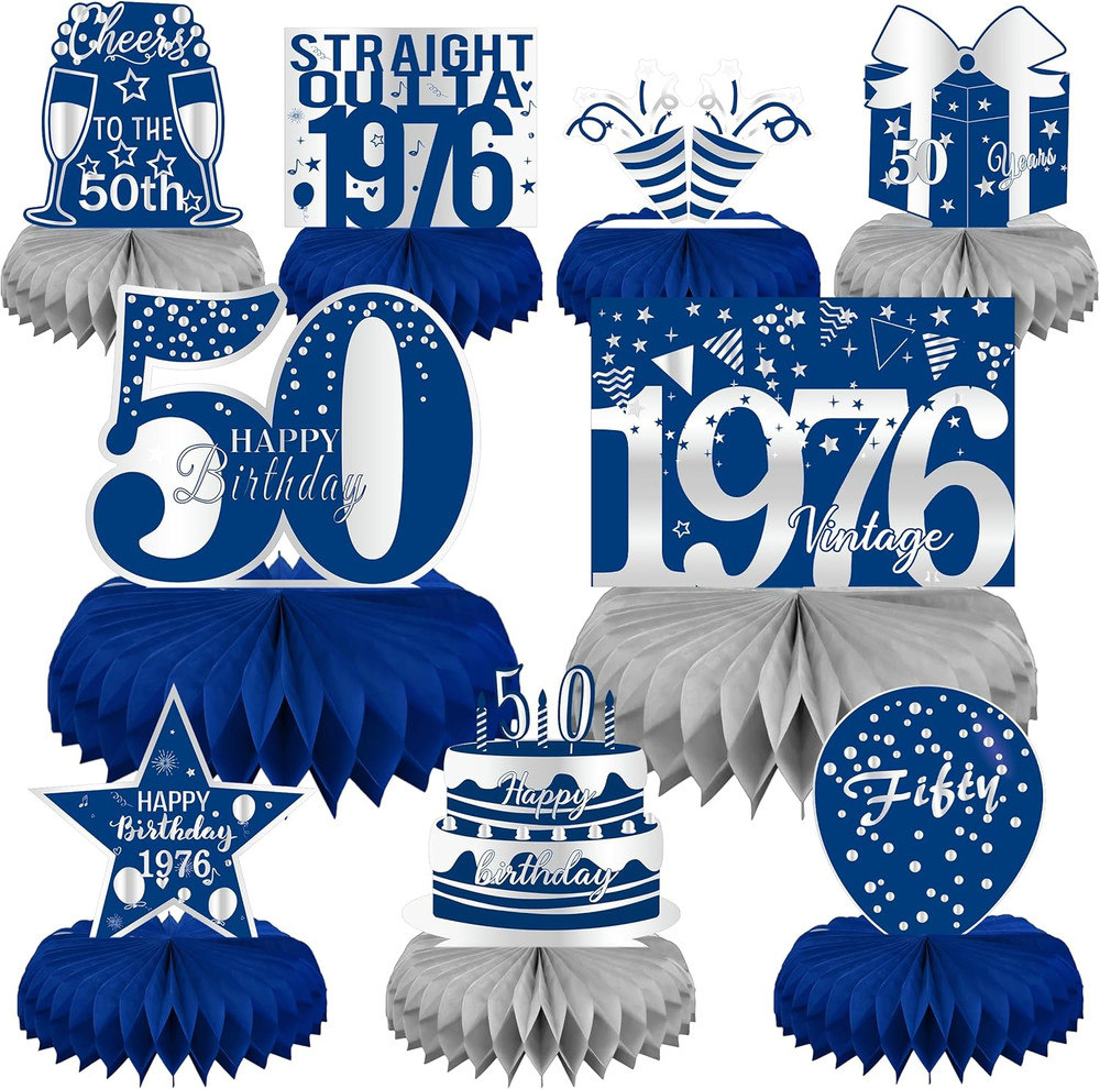 50Th Birthday Decorations for Men – Blue and Silver Honeycomb Centerpieces for 5