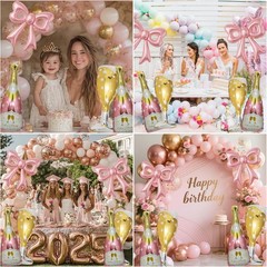 6 Pcs Pink Bow Balloons, Huge Rose Gold Champagne Bottle Goblet Aluminum Foil…