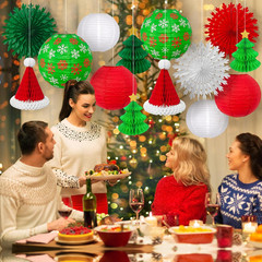 14PCS Christmas Honeycomb Hanging Paper Lantern Decorations Set, Pine Tree Star