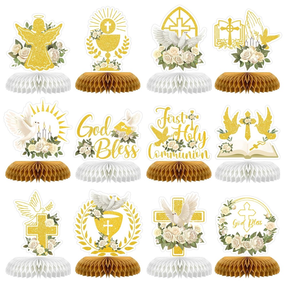 12 PCS First Communion Decoration Baptism Party Honeycomb Cross Centerpieces