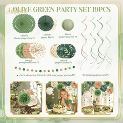 Sage Green Party Decorations Kit for Birthday,Paper Decor with Flower,Lantern,Pa