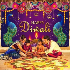 Extra Large Happy Diwali Banner 72″ x 48″ India Festival of Lights Peacock