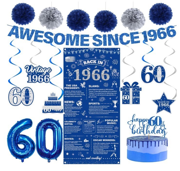 60Th Birthday Decorations Men Banner – 17 Pcs Blue Glitter Back in 1966 Birthday