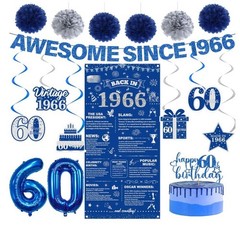 60Th Birthday Decorations Men Banner – 17 Pcs Blue Glitter Back in 1966 Birthday