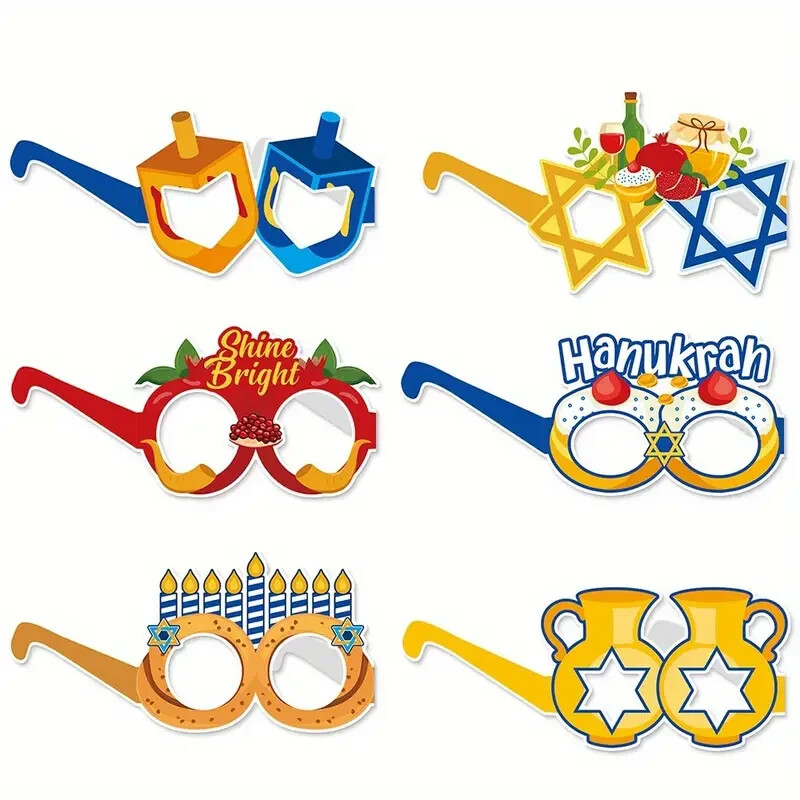 Happy Hanukkah Festive Paper Glasses 6pcs Set, Fun Photo Booth, Hanukkah Party