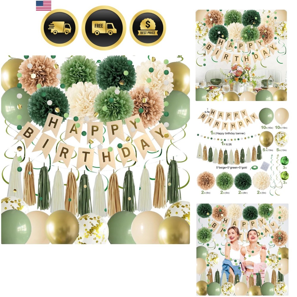 Green Birthday Decorations Banner Balloons Tissue Paper PomPoms Tassels Garland