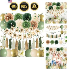 Green Birthday Decorations Banner Balloons Tissue Paper PomPoms Tassels Garland