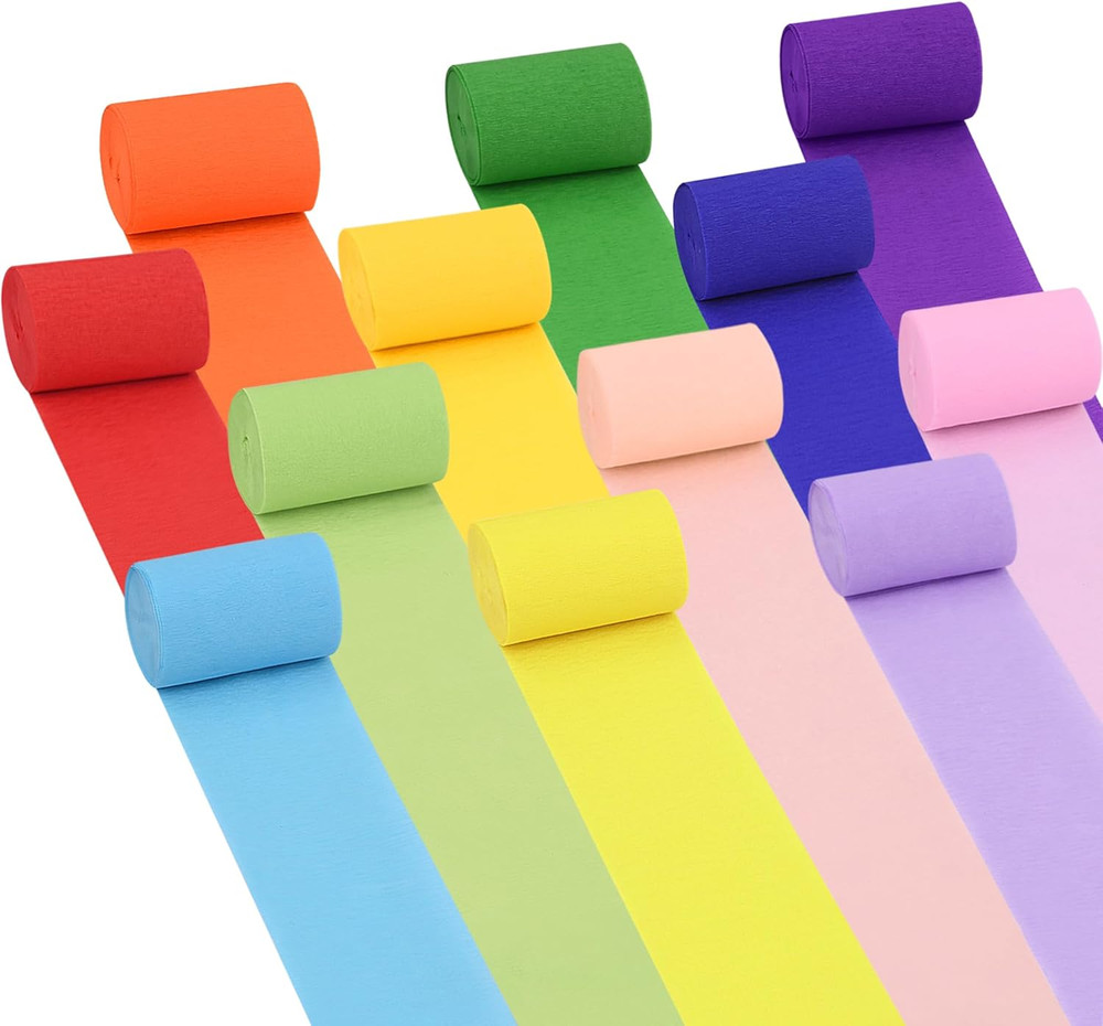 12 Rolls Rainbow and Pastel Crepe Paper Streamers Party Decorations, 2.2 Inch Wi
