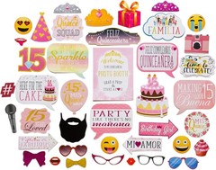 Quinceanera Photo Booth Props – 41-Pc Photobooth Kit with 8 X 10-Inch Sign, 60 A