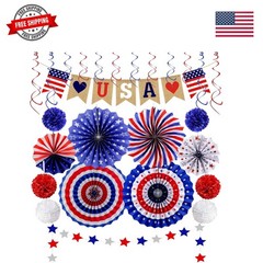 26Pcs Patriotic Decorations LOVE Banner Red White Blue Paper Fans Star Strea…