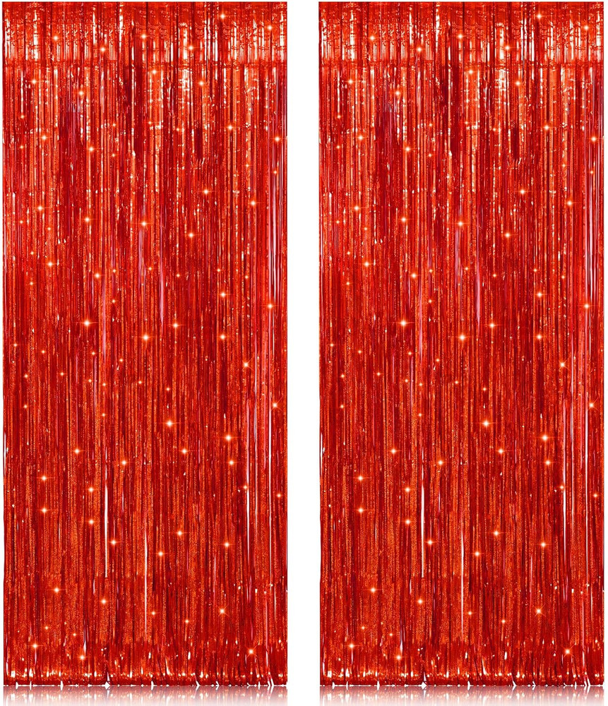 2 Pack 3.2Ft X 8.2Ft Red Foil Fringe Curtain, Glitter Metallic Tinsel Foil Fring
