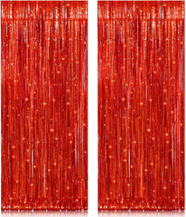 2 Pack 3.2Ft X 8.2Ft Red Foil Fringe Curtain, Glitter Metallic Tinsel Foil Fring