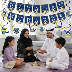 34 Pcs Ramadan Decorations for Home, Pre-Assembled Ramadan Mubarak Banner,