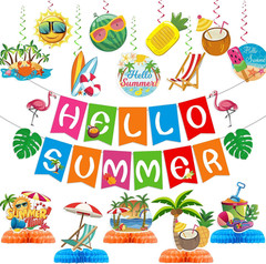 Summer Party Decorations, Hello Summer Banner Hanging Swirls and Honeycomb Cente