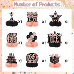 65th Birthday Decorations for Women, 9PCS Vintage Honeycomb Centerpieces Table D