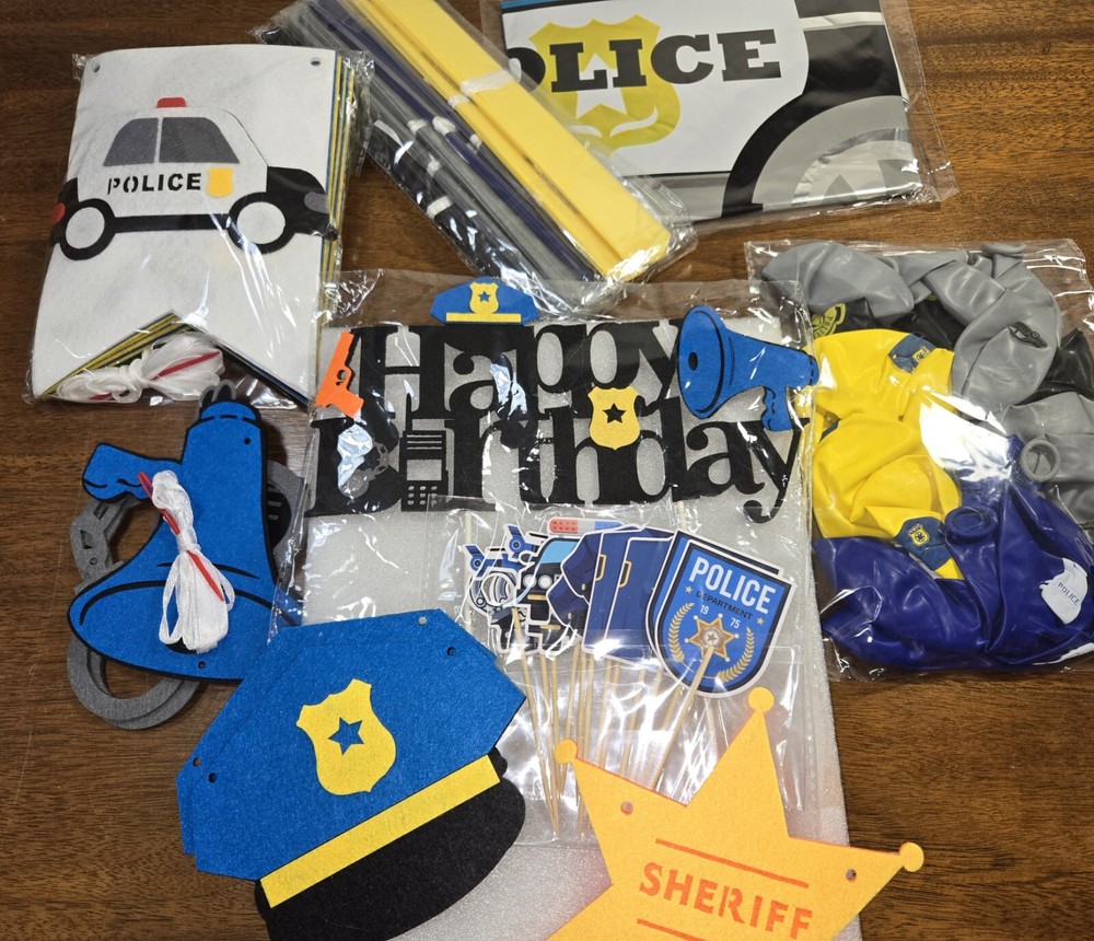 Kids Police Sheriff Themed B-Day Party CupCake Toppers Balloons Reusable Banners