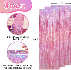 Pack Laser Pink Tinsel Foil Fringe Curtains, Mothers Day Pink Decorations, Metal