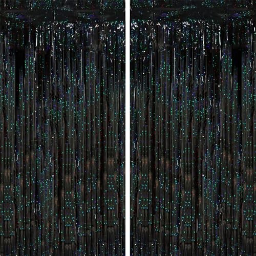 2 Pack Tinsel Foil Fringe Curtains, Black Party Decorations, Laser Black