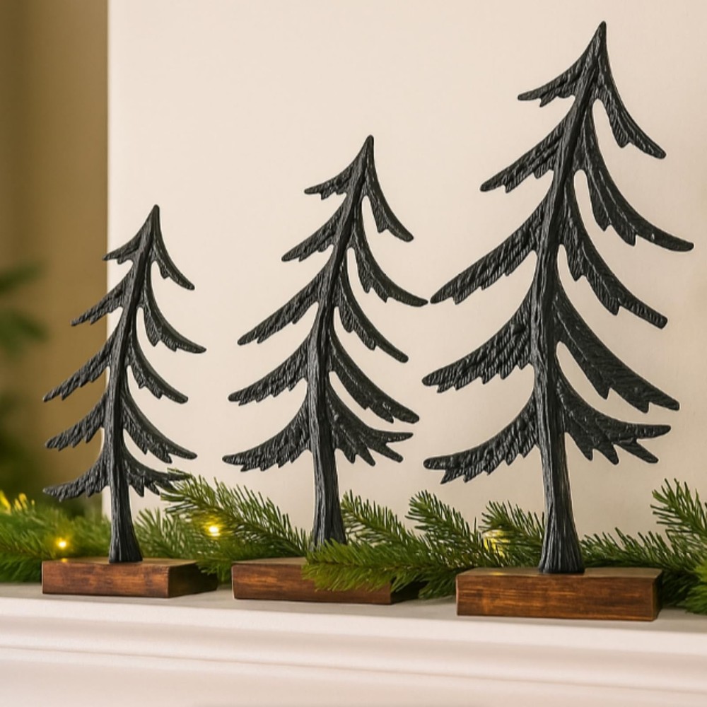 3 PCS Black Metal Christmas Tree Centerpieces Wood Base 7/10.6/13 Inch