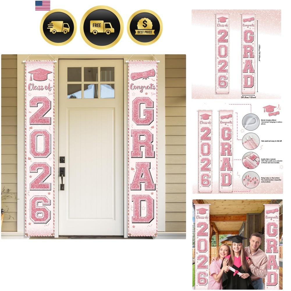 Pink Graduation Party Decorations Porch Sign Banners Door Hanging for High Sc…
