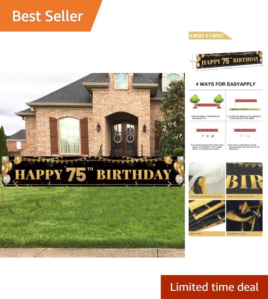 Elegant 75th Birthday Decoration Banner – Black & Gold, 9.8×1.6 ft – Reusable