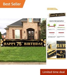 Elegant 75th Birthday Decoration Banner – Black & Gold, 9.8×1.6 ft – Reusable