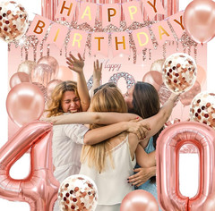 40th Birthday Decorations Party Kit Rose Gold Balloons Tiara Sash Backdrop
