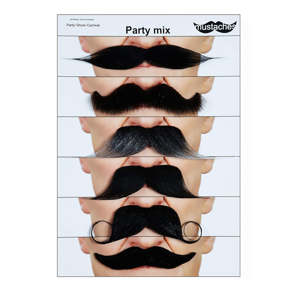 Self Adhesive Fake Mustache Mix, Novelty, False Facial Hair Value Pack (6pcs.)