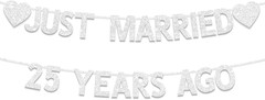 25th Wedding Anniversary Party Banner Decorations, Silver Glitter Just Married 2