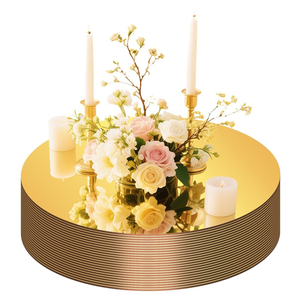 24 PCS 10 Inch Gold Round Flat Circle Glass Mirror Tray Plate Centerpiece