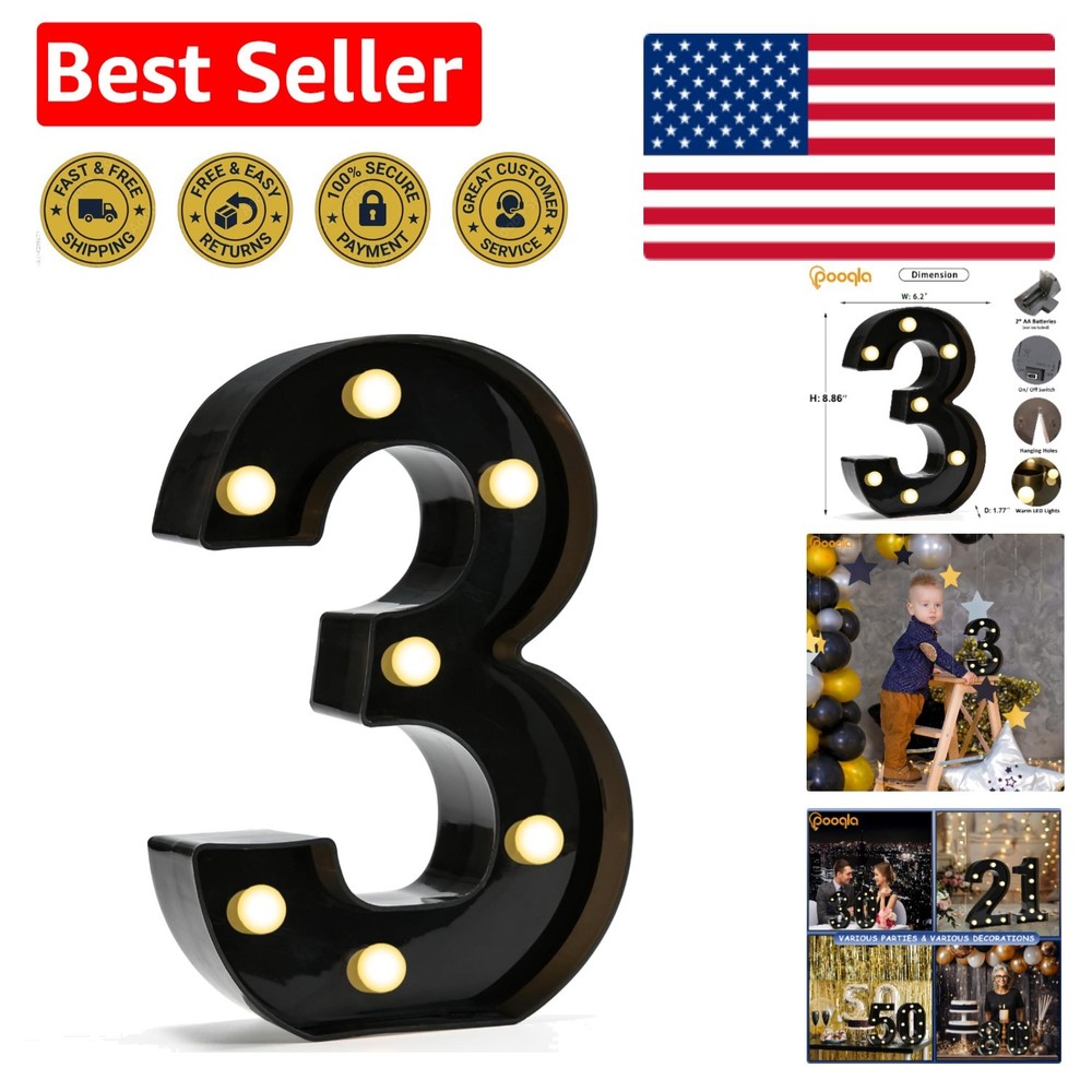 Freestanding Black Number 3 LED Light for Birthdays, Weddings & Home Decor