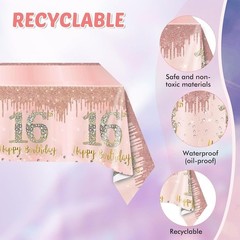 Rose Gold 16th Birthday Party Kit, Sweet 16 Plate Napkins Tablecloth Decor, Pink