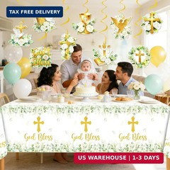 Gold Baptism Decorations Set, Christening Party Supplies with God Bless Hanging