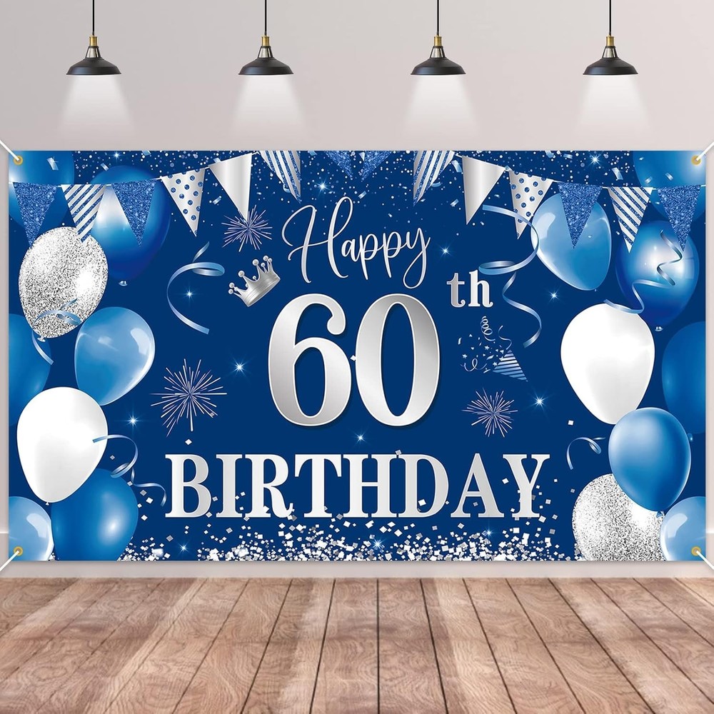 60th Birthday Banner Backdrop Happy 60th Birthday Decorations Blue Silver 60