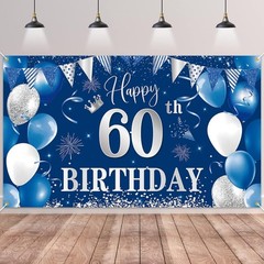 60th Birthday Banner Backdrop Happy 60th Birthday Decorations Blue Silver 60
