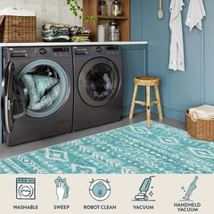 Lahome Boho Geometric Bathroom Runner Rug, 2×6 Teal 2′ x 6′, Teal/White