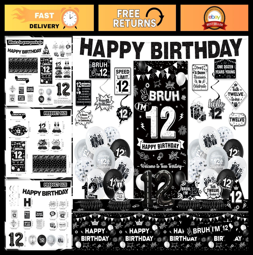 12th Birthday Decorations for Boys – Black Party Supplies, Banner, Tablecloth, C
