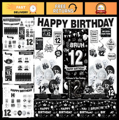 12th Birthday Decorations for Boys – Black Party Supplies, Banner, Tablecloth, C