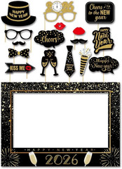 Glitter Happy New Year’s Eve 2026 Party Photo Booth Props Supplies with Photo Fr