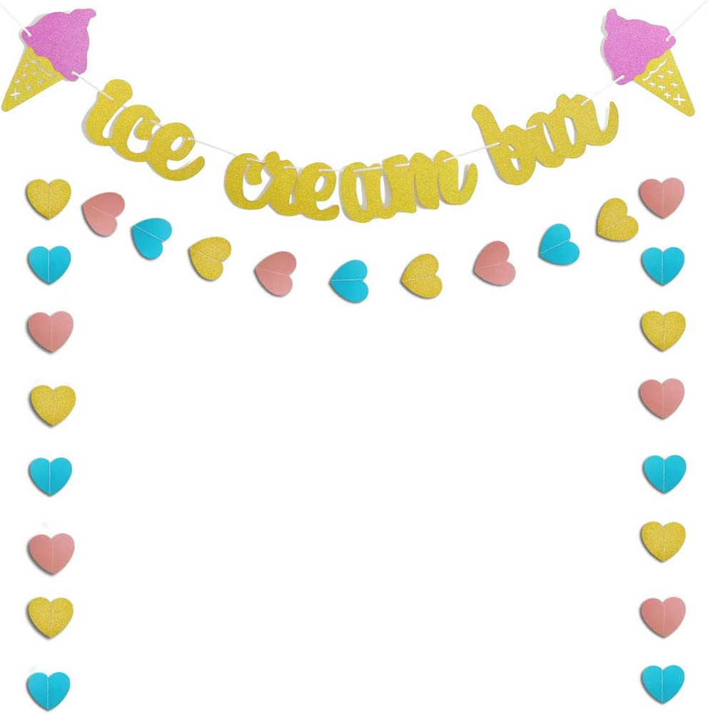 Gold Glittery Ice Cream Bar Sign Banner and Pink, Blue, Gold Heart Paper Garland