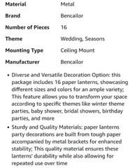 16 Pack Colorful Bencailor Chinese & Japanese Hanging Paper Lanterns