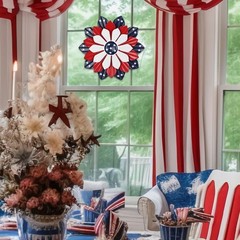 4th of July Decorations Outdoor, 11″ Red White and Blue Metal Flower Wall Art…