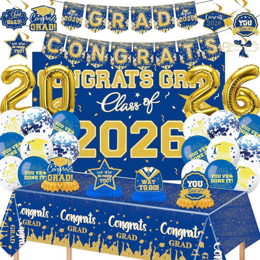 Graduation Decorations 2026 Blue and Gold 37 Pieces Balloons Banner Backdrop Set