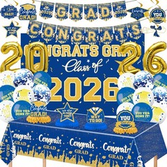 Graduation Decorations 2026 Blue and Gold 37 Pieces Balloons Banner Backdrop Set