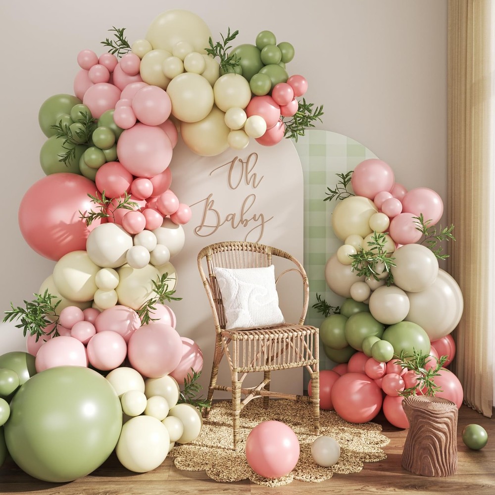 Sage Green Pink Yellow Pastel Balloon Arch Kit, 124Pcs Dusty Blush Macaron Ye…